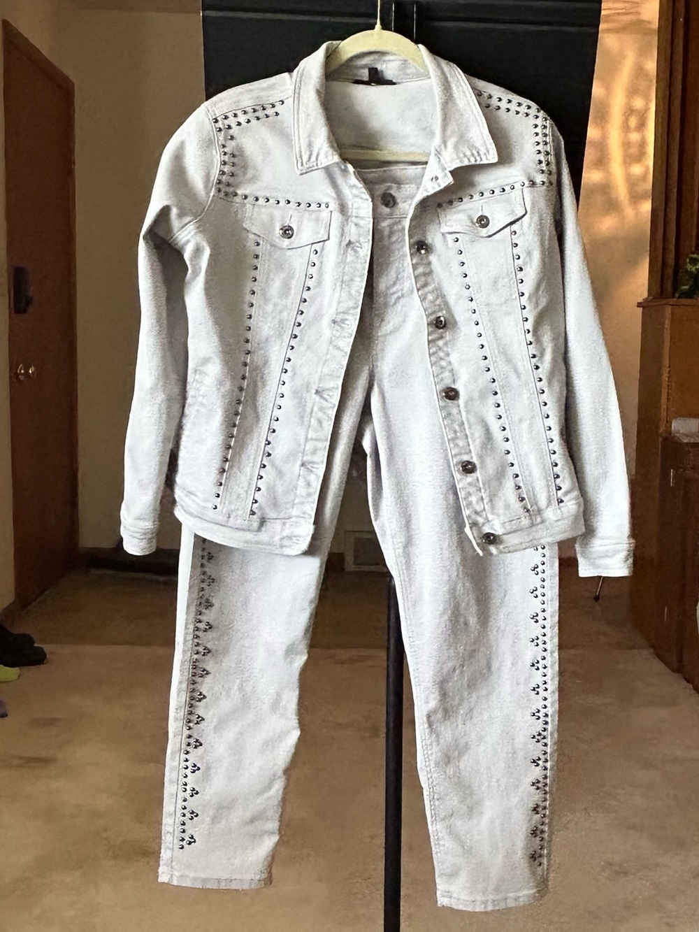DG2 by Diane Gilman Light Gray Studded Jean Jacket and Jeans Set